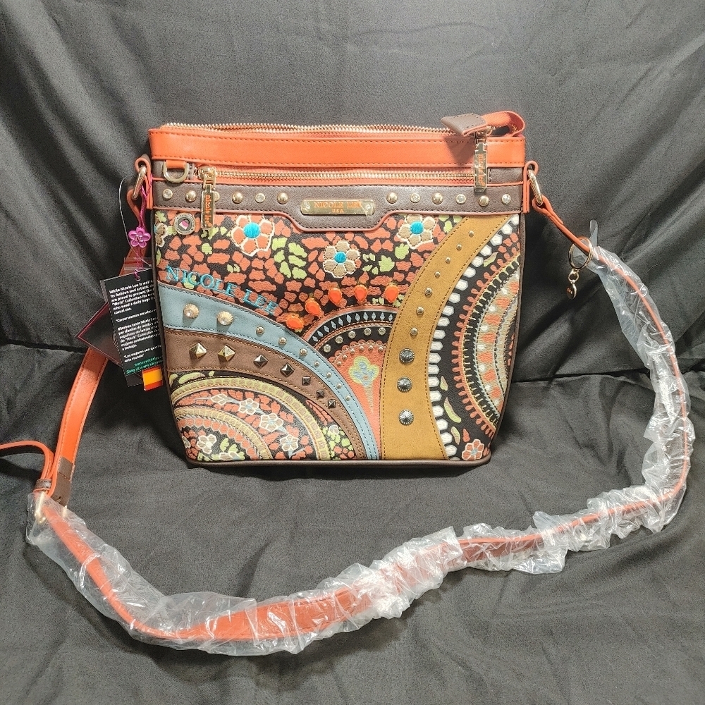 Nicole Lee Artistic Crossbody Bag with Orange and Brown Accents